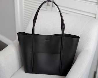Black Leather Tote bag, Leather Purse, Leather Work Tote, Tote bag with Pocket, Shoulder Bag, Shopping Bag, Personalized Gift for Her