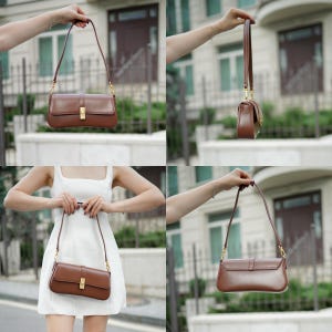 May include: A brown rectangular shoulder bag with a gold-colored clasp. The bag has a long, thin strap and a rectangular flap. The bag is shown from multiple angles, held up by a person.