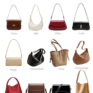 May include: A collection of women's handbags in various styles and colors. The image features a brown satchel, a white crescent-shaped bag, a red shoulder bag, and a black rectangular bag. Other bags include beige, black, and brown leather options.