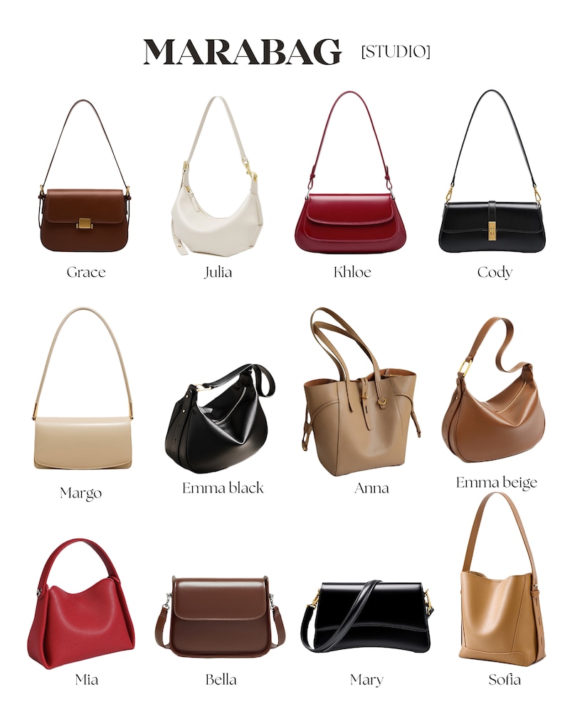 May include: A collection of women's handbags in various styles and colors. The image features a brown satchel, a white crescent-shaped bag, a red shoulder bag, and a black rectangular bag. Other bags include beige, black, and brown leather options.