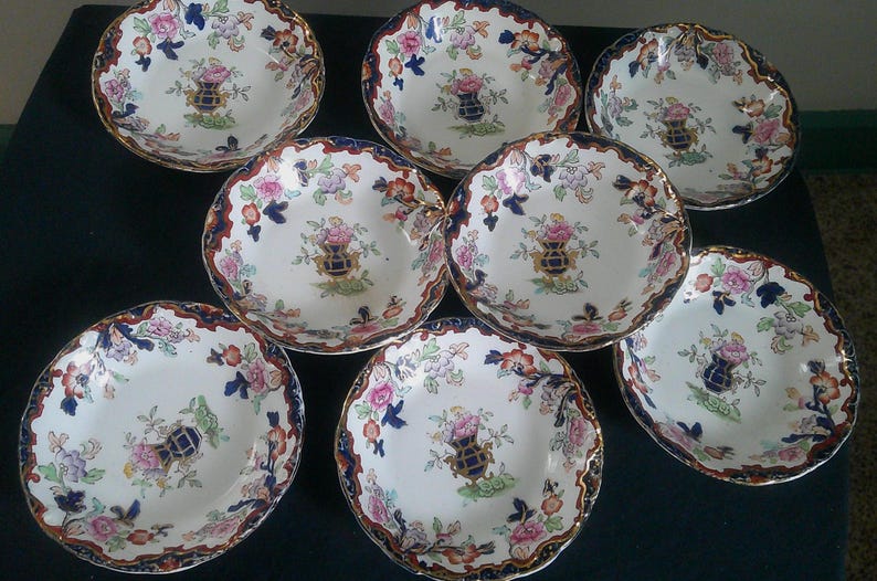 Ridgway Simlay Stoke On Trent Imari Design set of 8 berry bowls- 1880's image 1