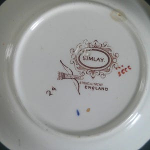 May include: A white ceramic saucer with a brown and gold design. The saucer has the words "Simlay, Stone & Trent, England" printed on the bottom.