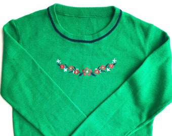 80s Preppy Vintage Green Knit Sweater with Floral Embroidery