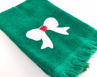 Vintage Christmas Hand Towel, Cotton, Terry Cloth, Bow, 80s