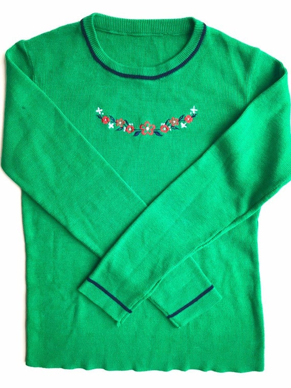 80s Preppy Vintage Green Knit Sweater with Floral… - image 1