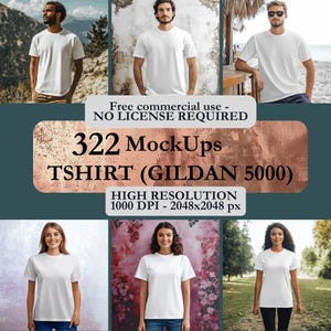 Könnte beinhalten: Eine Sammlung von 322 hochauflösenden T-Shirt-Mockups mit einem weißen Gildan 5000 T-Shirt auf verschiedenen Modellen in verschiedenen Umgebungen. Die Mockups haben eine Auflösung von 1000 DPI und 2048x2048 Pixel.