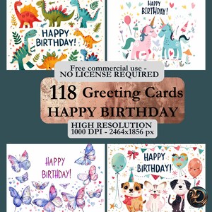 Greeting Card template "Happy Birthday": 118 images with animals, fairies, mermaids to use for your designs, instant download, free usage
