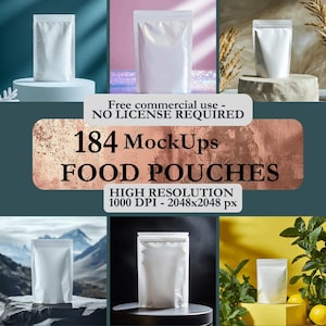 Könnte beinhalten: Eine Sammlung von 184 Mockups von weißen Lebensmittelbeuteln in verschiedenen Umgebungen. Die Beutel bestehen aus silbernem Folienmaterial und eignen sich perfekt zum Verpacken von Lebensmitteln. Kostenlose kommerzielle Nutzung - KEINE LIZENZ ERFORDERLICH. Hohe Auflösung 1000 DPI - 2048x2048 px.