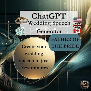 Può includere: Un cerchio dorato con il testo "Crea il tuo discorso di nozze in pochi minuti!" al suo interno. Il cerchio è su uno sfondo blu e verde con il testo "ChatGPT Generatore di discorsi di nozze" e "Padre della sposa" sopra.