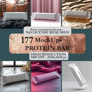 May include: A set of 177 high-resolution mockups for protein bars. The mockups feature different backgrounds and angles, including a forest scene, a pink curtain, a textured surface, and a floating bar. The text "Free commercial use - NO LICENSE REQUIRED" and "177 MockUps PROTEIN BAR HIGH RESOLUTION 1000 DPI - 2048x2048 px" is displayed on the image.