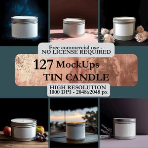 May include: A set of 127 high-resolution tin candle mockups, ideal for showcasing your candle designs. The mockups feature various backgrounds and lighting conditions, including a dark blue background with smoke, a light brown background with a shadow, a white background with flowers, a wooden table with fruit, a beach scene with a sunset, and a dark grey background with lavender.