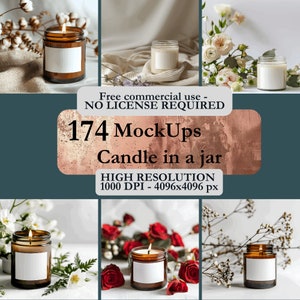 May include: A set of six candle jars with white labels, arranged in different settings with flowers and greenery. Free commercial use - NO LICENSE REQUIRED. 174 MockUps Candle in a jar HIGH RESOLUTION 1000 DPI - 4096x4096 px