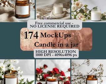 May include: A set of six candle jars with white labels, arranged in different settings with flowers and greenery. Free commercial use - NO LICENSE REQUIRED. 174 MockUps Candle in a jar HIGH RESOLUTION 1000 DPI - 4096x4096 px