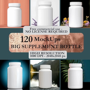 Könnte beinhalten: Ein Satz von 120 weißen Plastik-Supplementflaschen, jede mit einem weißen Deckel. Die Flaschen sind in einem Rastermuster auf verschiedenen Hintergründen angeordnet, darunter ein Holztisch, ein felsiges Ufer und eine grüne, belaubte Pflanze. Der Text "Free commercial use - NO LICENSE REQUIRED" und "120 MockUps BIG SUPPLEMENT BOTTLE HIGH RESOLUTION 1000 DPI - 2048x2048 px" wird auf dem Bild angezeigt.