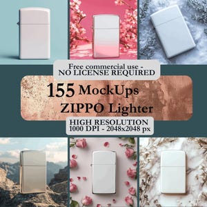 Op de afbeelding: Een verzameling van 155 mockups in hoge resolutie van een zilveren Zippo-aansteker. De mockups tonen de aansteker in verschillende omgevingen, waaronder op een besneeuwde ondergrond, een roze achtergrond met kersenbloesems, een rotsachtig berglandschap en een roze achtergrond met rozenblaadjes.