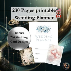 Könnte beinhalten: Ein druckbarer Hochzeitsplaner mit 230 Seiten und einem Bonus von 284 Hochzeitskarten-Designs. Der Planer hat ein blaues Blumenmuster und auf dem Cover steht "Wedding Planner".