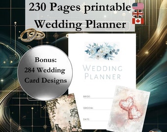May include: A printable wedding planner with 230 pages and a bonus of 284 wedding card designs. The planner has a blue floral design and the cover says "Wedding Planner".