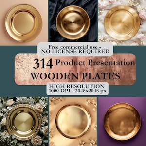 May include: Six gold-colored wooden plates on different backgrounds. The plates are round and have a slightly raised edge. The text "314 Product Presentation WOODEN PLATES HIGH RESOLUTION 1000 DPI - 2048x2048 px" is displayed on a pink and brown background.