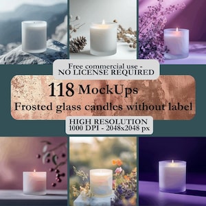 Pode incluir: Conjunto de seis frascos de velas de vidro fosco com uma vela de cera branca dentro de cada frasco. Os frascos estão sobre várias superfícies, incluindo uma mesa de madeira, uma superfície roxa e uma superfície rosa. As velas estão acesas e as chamas são visíveis. Uso comercial gratuito - NÃO É NECESSÁRIA LICENÇA. 118 MockUps. Velas de vidro fosco sem etiqueta. ALTA RESOLUÇÃO 1000 DPI - 2048x2048 px