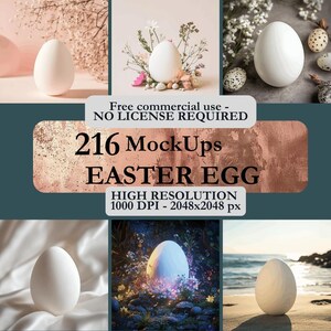 Könnte beinhalten: Ein Set mit 216 hochauflösenden Oster-Ei-Mockups, perfekt, um Ihren Designs eine festliche Note zu verleihen. Die Mockups zeigen weiße Eier in verschiedenen Umgebungen, darunter ein Blumenbeet, ein Strand und ein magischer Wald.