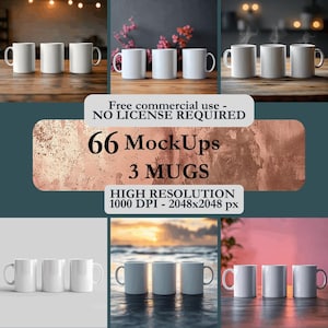 Op de afbeelding: Een set van 66 witte keramische mokken in verschillende settings. De mokken zijn 2048x2048 pixels en 1000 DPI. Gratis commercieel gebruik - geen licentie vereist.