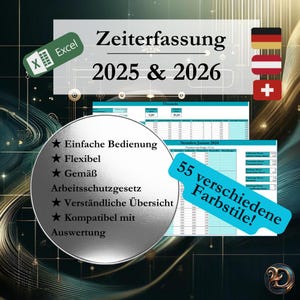 Simple time recording 2025 & 2026, Excel with overview - efficient, precise and HR-compliant, absences and target time changes