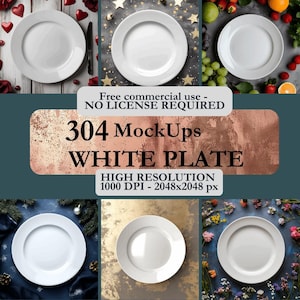 May include: A set of 304 white plate mockups, each plate is photographed on a different background. The backgrounds include a white wood surface with red hearts, a gray surface with gold stars, a gray surface with fruit, a blue surface with pine branches, a gold surface, and a blue surface with flowers.