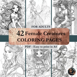 Könnte beinhalten: Eine Sammlung von 42 Ausmalbildern für erwachsene weibliche Kreaturen. Die Schwarz-Weiß-Bilder zeigen verschiedene Fantasy-Charaktere, darunter Meerjungfrauen, Elfen und Bogenschützen. Der Text auf dem Bild lautet "PDF - Einfach in A4 zu drucken".