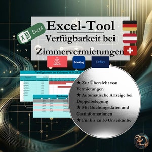 Könnte beinhalten: Eine bunte Grafik mit dem Text "Excel-Tool" und "Verfügbarkeit bei Zimmervermietungen". Die Grafik enthält auch Logos für Airbnb, Booking.com und Vrbo. Die Grafik soll Menschen helfen, ihre Ferienwohnungsvermietungen zu verwalten.