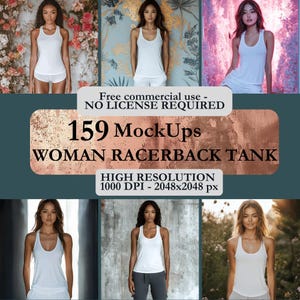 Op de afbeelding: Een set van 159 mockups met een vrouw die een wit racerback tanktop draagt in verschillende poses en omgevingen. De mockups zijn van hoge kwaliteit, 1000 DPI en 2048x2048 pixels.