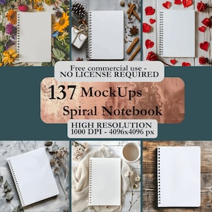 May include: A collection of 137 spiral notebook mockups in various settings. The mockups feature white notebooks with a spiral binding. The mockups are high resolution, 1000 DPI, and 4096x4096 pixels.