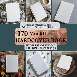 Könnte beinhalten: Eine Sammlung von 170 hochauflösenden Hardcover-Buch-Mockups, perfekt um Ihre Buchcover-Designs zu präsentieren. Die Mockups zeigen verschiedene Hintergründe und Umgebungen, darunter einen verschneiten Wald, einen Holztisch mit Blumen, eine Marmorfläche mit buntem Konfetti und einen rustikalen Holztisch mit einem geflochtenen Korb.