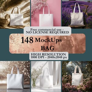 Könnte beinhalten: Eine Sammlung von 148 hochauflösenden Tragetaschen-Mockups. Die Mockups zeigen weiße Tragetaschen in verschiedenen Umgebungen, darunter ein Holzstuhl, ein rosa Hintergrund, ein Lavendelfeld, ein funkelnder Hintergrund, ein weißer Hintergrund und ein grüner, belaubter Hintergrund. Der Text "Kostenlose kommerzielle Nutzung - KEINE LIZENZ ERFORDERLICH" und "148 MockUps TASCHE HOHE AUFLÖSUNG 1000 DPI - 2048x2048 px" wird auf dem Bild angezeigt.