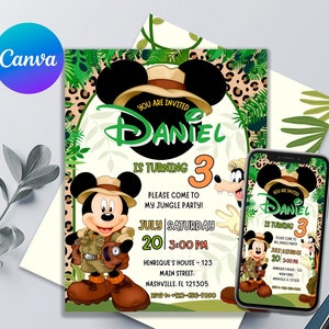 Mickey Mouse-verjaardagsuitnodiging | Geweldige Mickey Safari-sjabloon | Afdrukbaar en bewerkbaar | Kinderuitnodigingen: bewerken in canvas