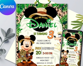 Mickey Mouse Birthday Invitation | Awesome Mickey Safari Template | Printable & Editable | Kids Invites - Edit in Canva