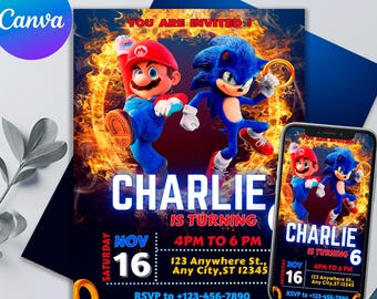 Mario und Sonic Geburtstagseinladung | Sonic-Mario Geburtstagsparty einladen | Druckbar-Bearbeitbare Geburtstagseinladung | Kostenlose Geschenkanhänger | Geburtstag