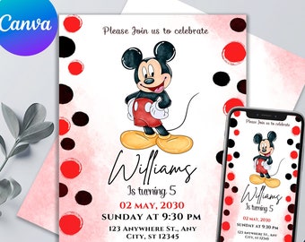 Invitación de cumpleaños de Mickey Mouse / Plantilla editable e imprimible / Invitación linda a la fiesta de Mickey Mouse / Plantilla Canva / Descarga instantánea