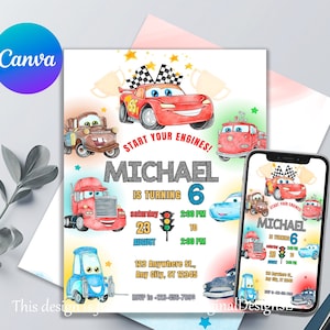 Cars Birthday Invitation, Awesome! Lightning McQueen Invitation Template , Kids Invite, Printable Editable, Edit in Canva