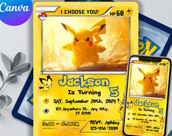 Pikachu Editable and Printable Birthday Invitation | Awesome Pokemon Trading Card Template | Premium Birthday Invites | Editable in Canva