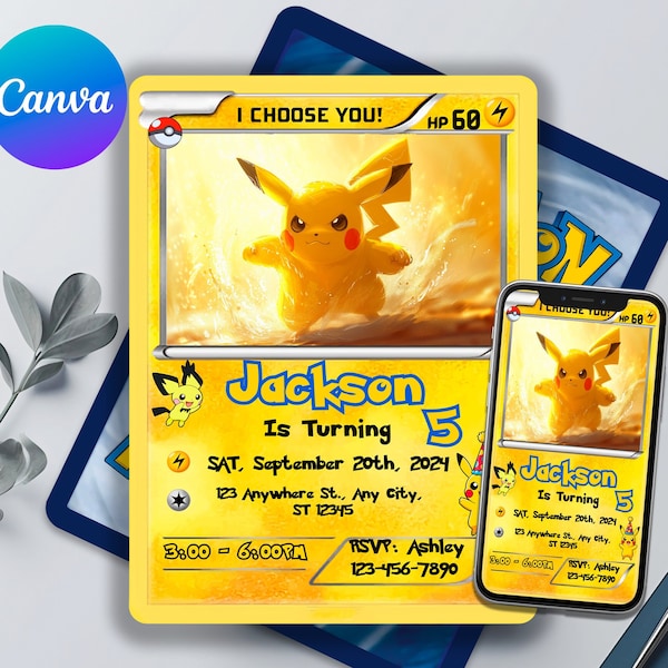 Pikachu Editable and Printable Birthday Invitation | Awesome Pokemon Trading Card Template | Premium Birthday Invites | Editable in Canva