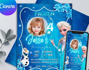 May include: A blue and white Frozen themed birthday invitation with a photo of a girl and the text "Jesse's turning four" and "April 20 Saturday 2-4PM AHA! Children's Museum 1708 River Valley Cir S. Lancaster, OH 43130 RSVP: April 10th".