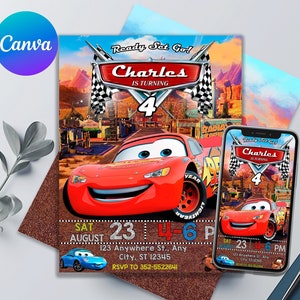 Cars Birthday Invitation, Awesome! Lightning McQueen Invitation Template , Kids Invite, Printable Editable, Edit in Canva