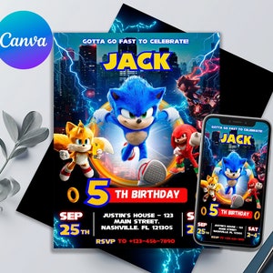 Sonic-verjaardagsuitnodiging | Bewerkbaar en afdrukbaar | Geweldige Sonic-feestuitnodiging | Premium-uitnodigingen bewerkbaar op canvas