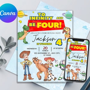 Faire-part d'anniversaire Toy Story modifiable et imprimable | Invitation mignonne d'histoire de jouets d'aquarelle | Faire-part d'anniversaire haut de gamme | Modifiable dans Canvas