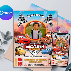 Cars Birthday Invitation | Awesome Lightning McQueen Template | Printable & Editable | Kids Invites - Edit in Canva