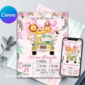 Puede incluir: Invitación a una fiesta de cumpleaños de temática de selva en rosa y verde con un jeep de dibujos animados que lleva una jirafa, un león, un elefante, un mono y una cebra. La invitación dice "¡Por favor, ven a mi fiesta en la selva!" y "Elena Paula cumple 5 años". La fecha y hora de la fiesta se indican como "Sábado, 13 de julio, 14:30 - 16:00".