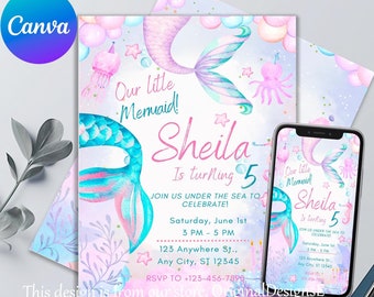 Invito di compleanno a forma di sirena / Invito carino per la festa di compleanno sotto il mare / Invito stampabile modificabile / Invito digitale - Modifica in Canva