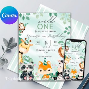 Puede incluir: Una invitación verde y blanca para una fiesta de primer cumpleaños con temática de la selva. La invitación presenta una linda jirafa, zorro, panda y cebra de dibujos animados. El texto de la invitación dice "Wild One" y "Ernesto is Birthday".
