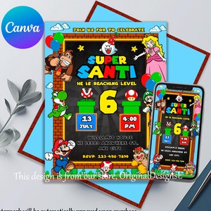 Mario Bros Birthday Invitation, Super Mario Birthday Card, Super Brothers boy Invite, Video Game, Kids Invite, Printable Editable Template