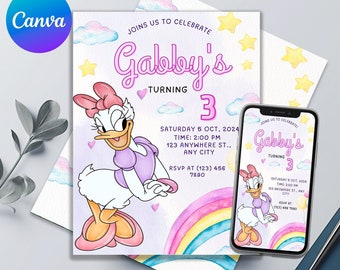 Daisy Duck Birthday Invitation | Editable and Printable | Colorful Party Invite | Premium Design - Easy to Edit in Canva | Size 5x7 Inches